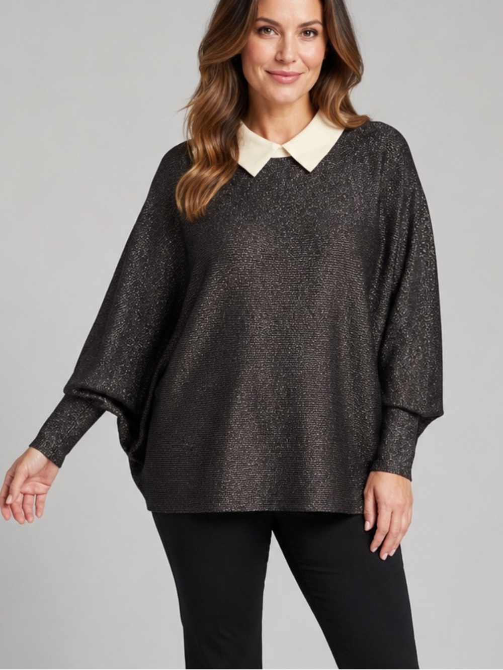 🆕🪩Sioni Milano Black Silver Metallic Glitter Sweater Top Contrast Plus Size 1X